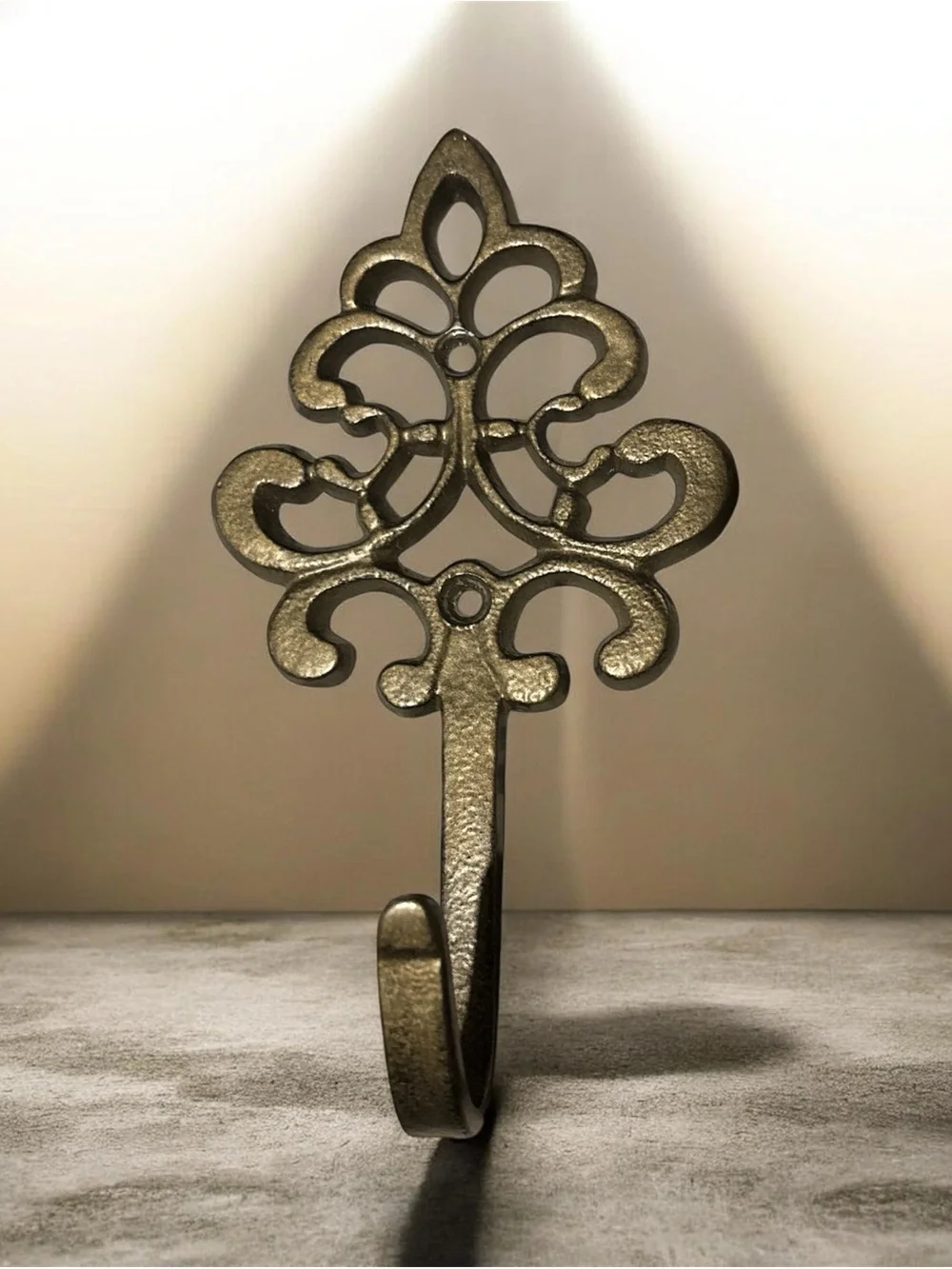 VTG Style Fleur De Lis Faux Cast Iron Wall Hook Gold Bronze Ornate Scrollwork